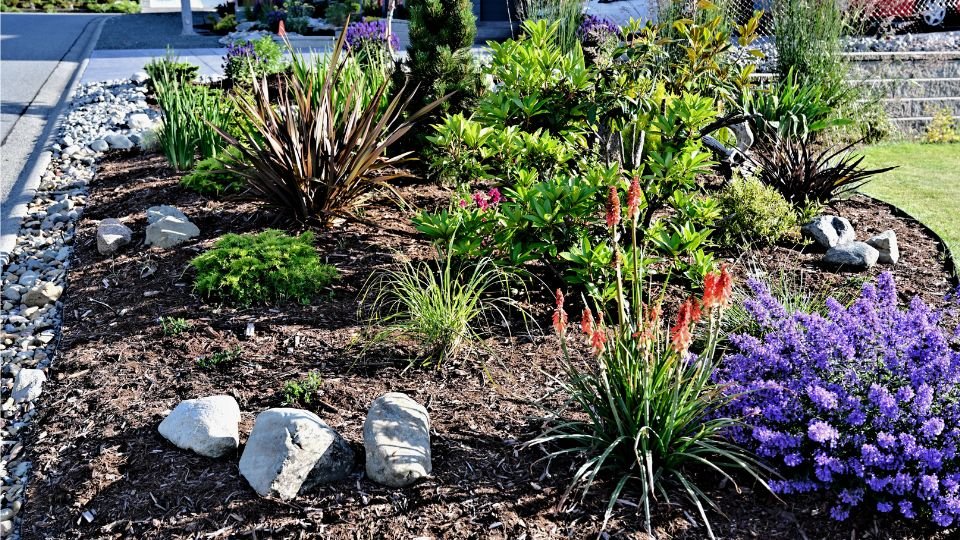 Színes évelő növényekkel és kövekkel díszített kert, amely barátságos hangulatot áraszt.
