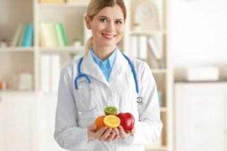 Egy orvos gyümölcsöket tart a kezében, mosolyogva néz a kamerába.