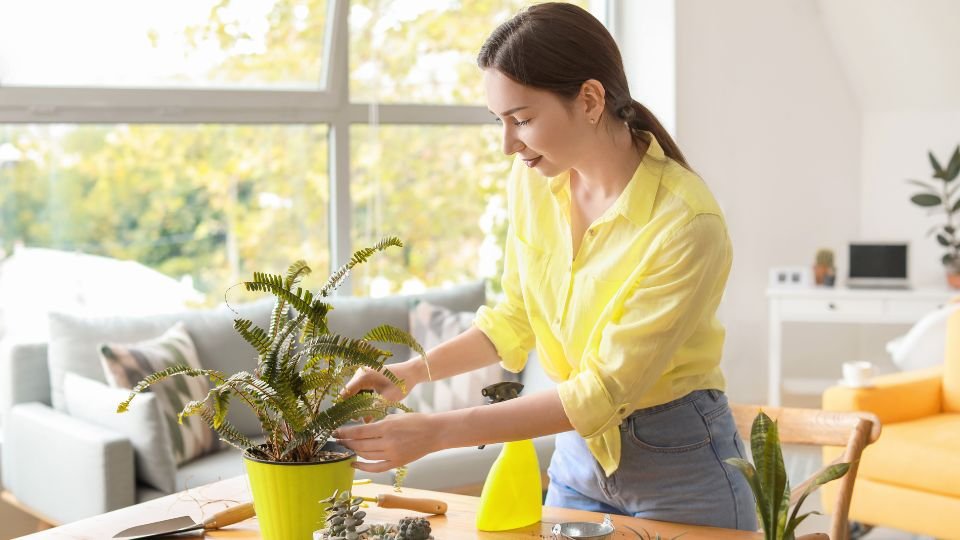 Egy fiatal nő szobanövényeket gondoz a fényes nappaliban, élénk színekben.