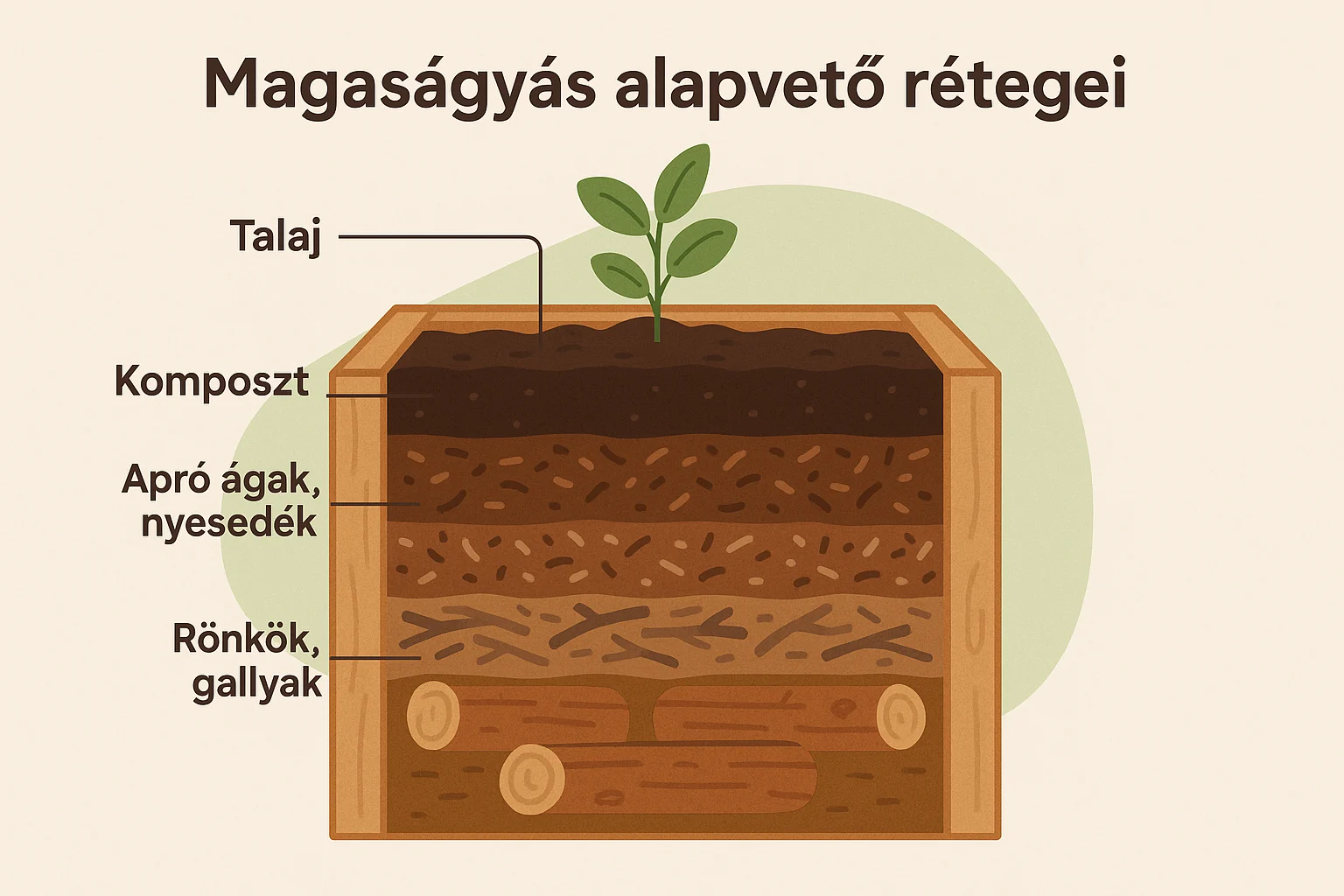 A magaságyás rétegei, beleértve a talajt, komposztot és ágakat, zöld növénnyel a tetején.