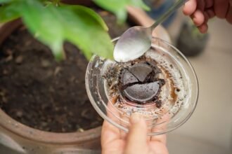 Kávézacc a növények táplálására, üvegtálban, kézben.