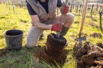 Egy férfi gyümölcsfát ültet a kertben, a földet ásva és a gyökérzetet előkészítve.