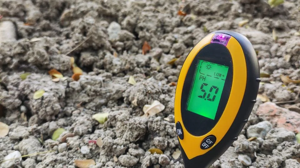 Savanyú talaj pH mérés Egy talajpH-mérő a földben, amely 5,0 pH értéket mutat, jelezve a savanyú talajt.