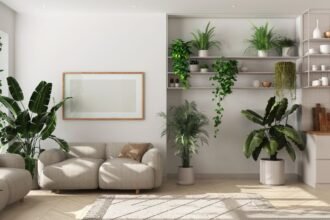 Modern nappali zöld növényekkel, amelyek frissességet hoznak a térbe.