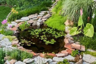 Egy szép, kövekből épített tó zöld növényekkel körülvéve, virágokkal díszítve.