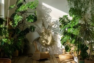 Szobanövények sokasága egy világos, napfényes helyiségben, ahol a levelek szépen árnyékot vetnek.