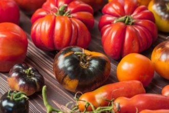 Különböző paradicsomfajták színes választéka, friss és ízletes zöldségek.