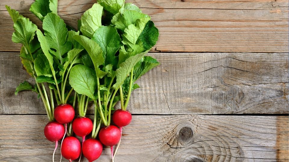 Friss retek zöld levelekkel, natúr fafelületen elhelyezve.