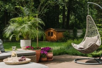 Kényelmes hintaágy és kerti dekoráció egy zöld oázisban.