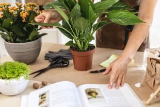 Egy kertész a szobanövények gondozásával foglalkozik, virágok és könyvek között.