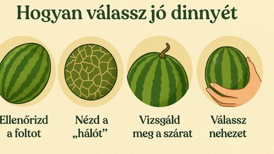 Tippek a jó dinnye kiválasztásához, mint a foltok ellenőrzése és a súly megérzése.