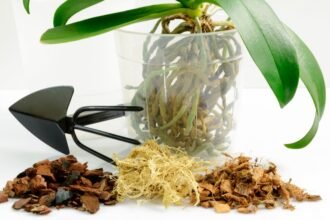 Egy orchidea átültetéséhez szükséges anyagok, mint a virágföld és a kis szerszám.