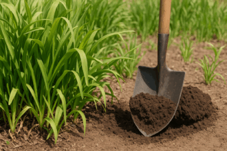 Egy ásó a földben, körülötte zöld évelő növények tőosztásához készülve.