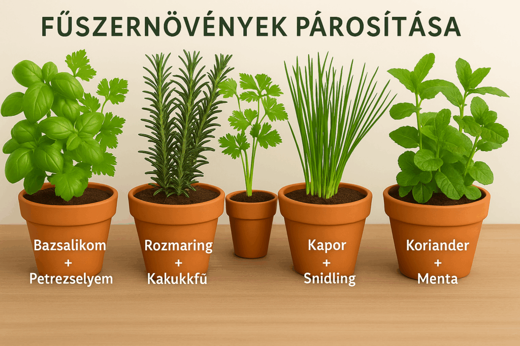 Öt különböző fűszernövény, mint bazsalikom, rozmaring, kapor, koriander és menta, cserépben, barátságos kertészeti környezetben.