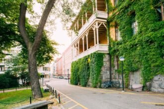 Zöld növényzettel borított épület és sétány egy városi környezetben.