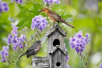 Két madár egy fészekládán, körülöttük virágzó növények. Tavaszi hangulat.