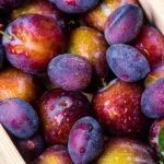 Friss, zamatos szilvák egy fából készült kosárban, vízcseppekkel borítva, érett gyümölcsök.