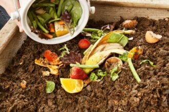 Friss zöldségek és gyümölcsök komposztálása egy komposztálóban, természetes anyagokkal.