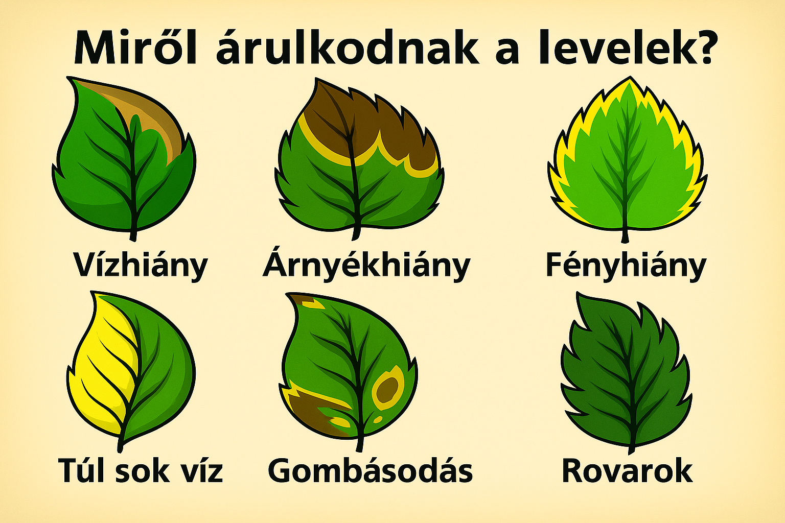 Különböző levelek, amelyek a növények víz-, fény- és tápanyagigényéről árulkodnak.