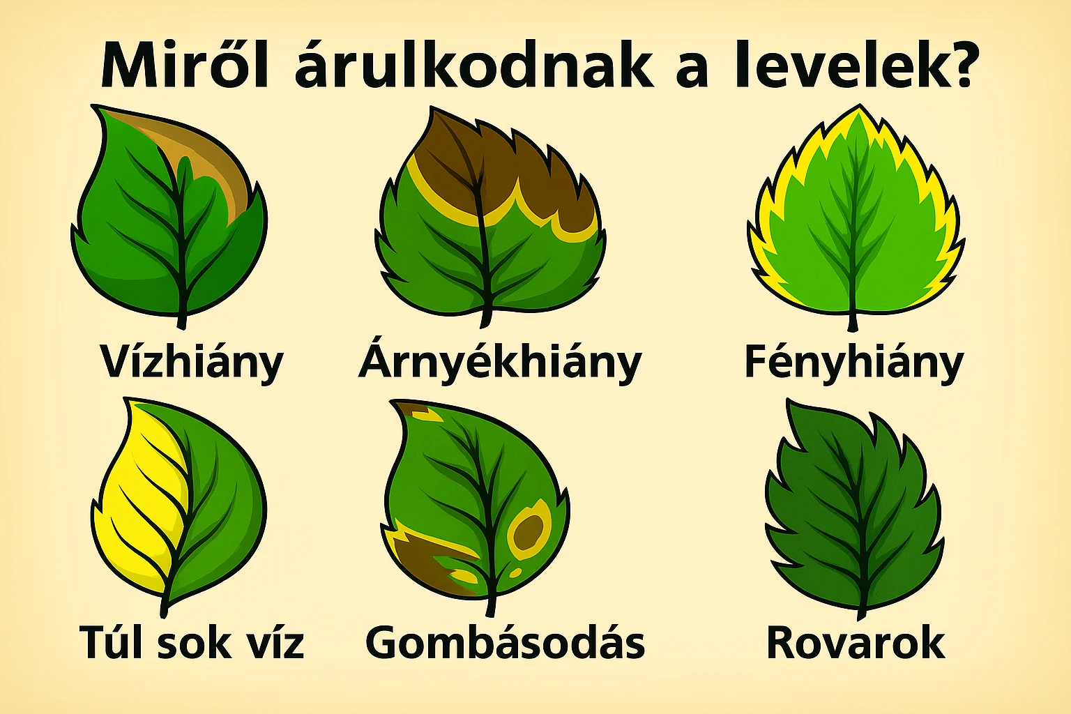 Különböző levelek, amelyek a növények víz-, fény- és tápanyagigényéről árulkodnak.