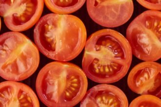 Félbevágott, érett paradicsomok, piros színben, ízletes magokkal.