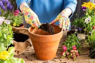 Kerti virágok átültetése, virágos kesztyűs kezek földet töltenek egy cserépbe.