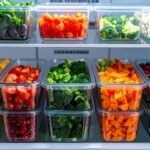 Friss zöldségek, mint brokkoli, sárgarépa, paradicsom és paprika tárolva átlátszó dobozokban egy hűtőszekrény polcán.