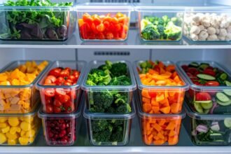 Friss zöldségek, mint brokkoli, sárgarépa, paradicsom és paprika tárolva átlátszó dobozokban egy hűtőszekrény polcán.