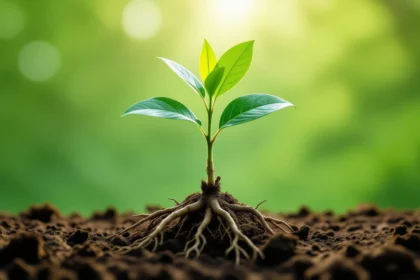 Frissen gyökerezett császárfa hajtás, erős gyökerekkel a földben, zöld háttér előtt.