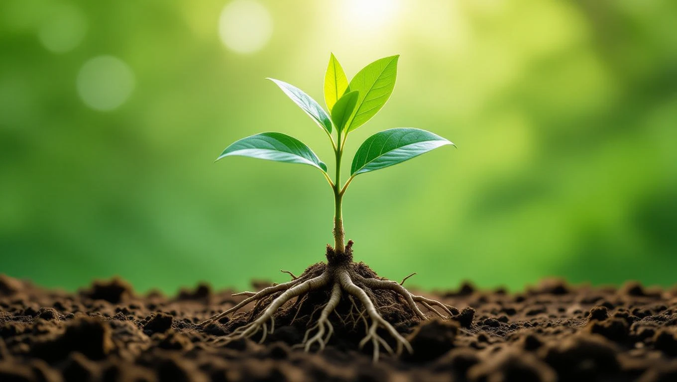 Frissen gyökerezett császárfa hajtás, erős gyökerekkel a földben, zöld háttér előtt.