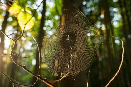Egy gyönyörű pókháló csillog a napfényben, zöld fák között.