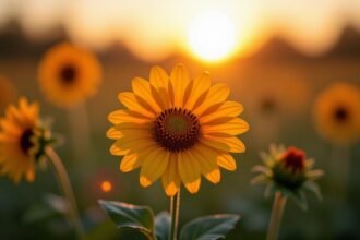 Napraforgók egy gyönyörű naplementében, a háttérben elmosódott virágokkal.