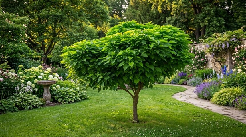 Gömb szivarfa (Catalpa bignonioides 'Nana') ültetés közben díszes gömbforma koronával.