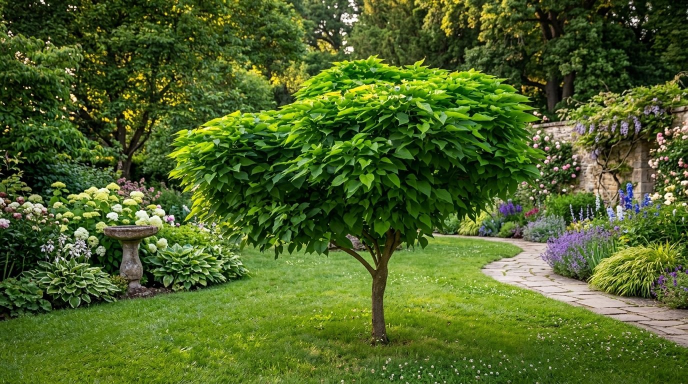 Gömb szivarfa (Catalpa bignonioides 'Nana') ültetés közben díszes gömbforma koronával.