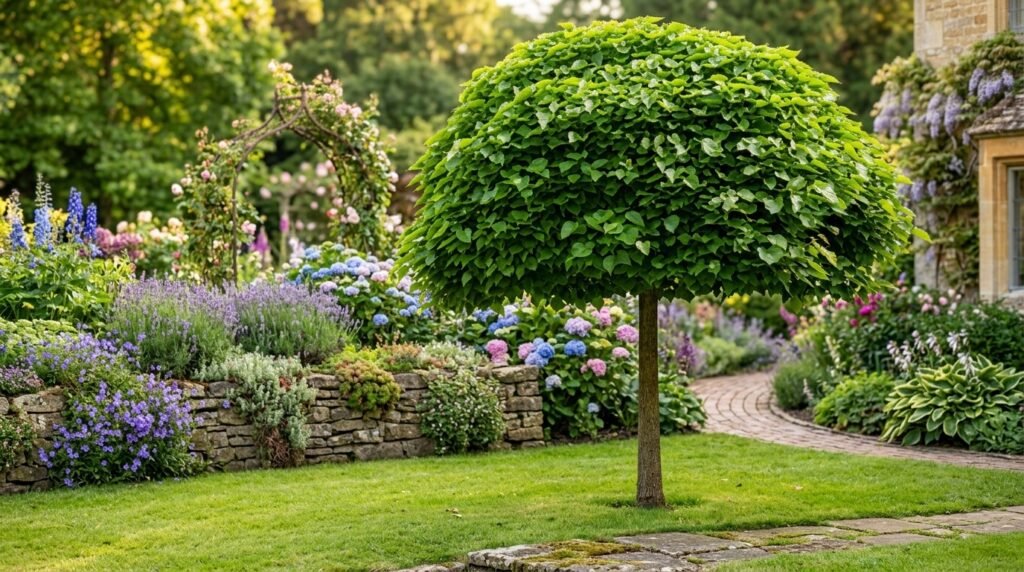 Gömb szivarfa (Catalpa bignonioides 'Nana') szabályos, gömb alakú lombkoronával egy gondozott kertben