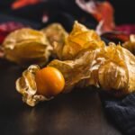 Földicseresznye gyümölcsök, aranysárga színűek, papírszerű burkukkal, egy sötét háttéren elhelyezve.