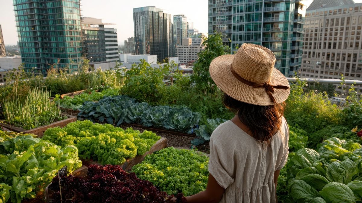 Egy városi kertészkedő nő áll a zöldségekkel teli kertben, mögötte modern épületek láthatók.
