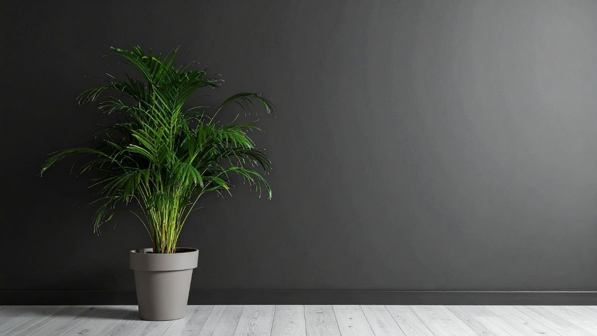 Egy sötét háttér előtt álló zöld szobanövény, ami árnyékban is jól fejlődik.