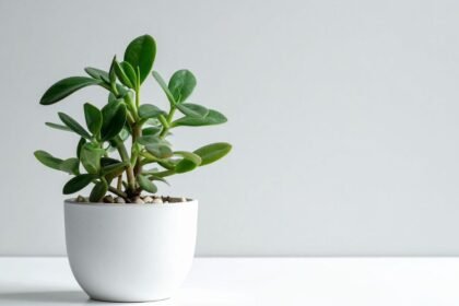 Egy zöld levelekkel teli törpebors növény fehér cserépben, világos háttér előtt.