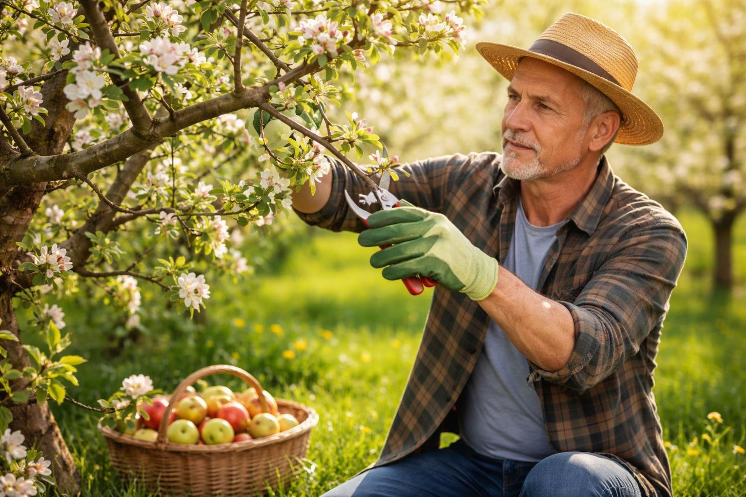 Almafa metszést végző kertész fényes kertben, hajtások válogatása és korona formázás.