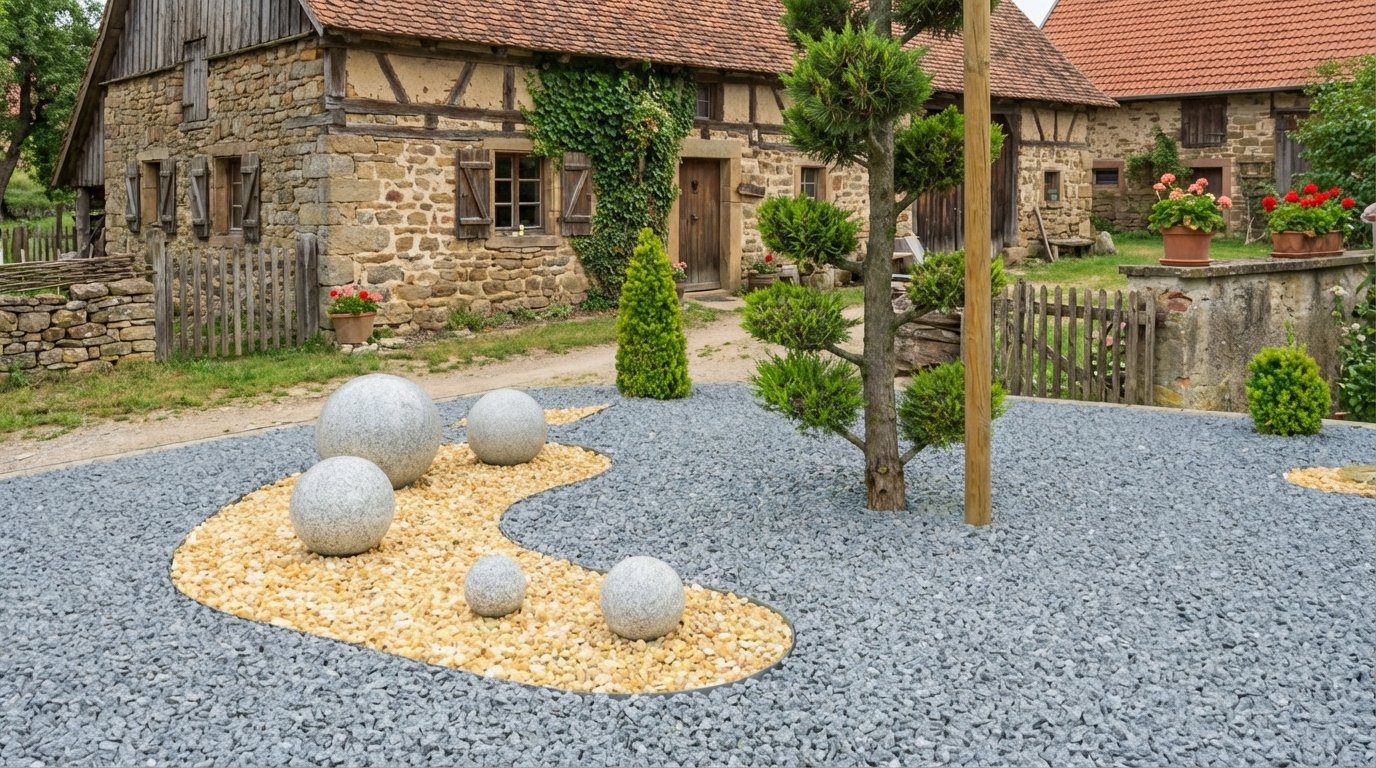 Egy vidéki kert, ahol murvával borított területen díszkövek és örökzöldek találhatók, az épületek háttérben állnak.