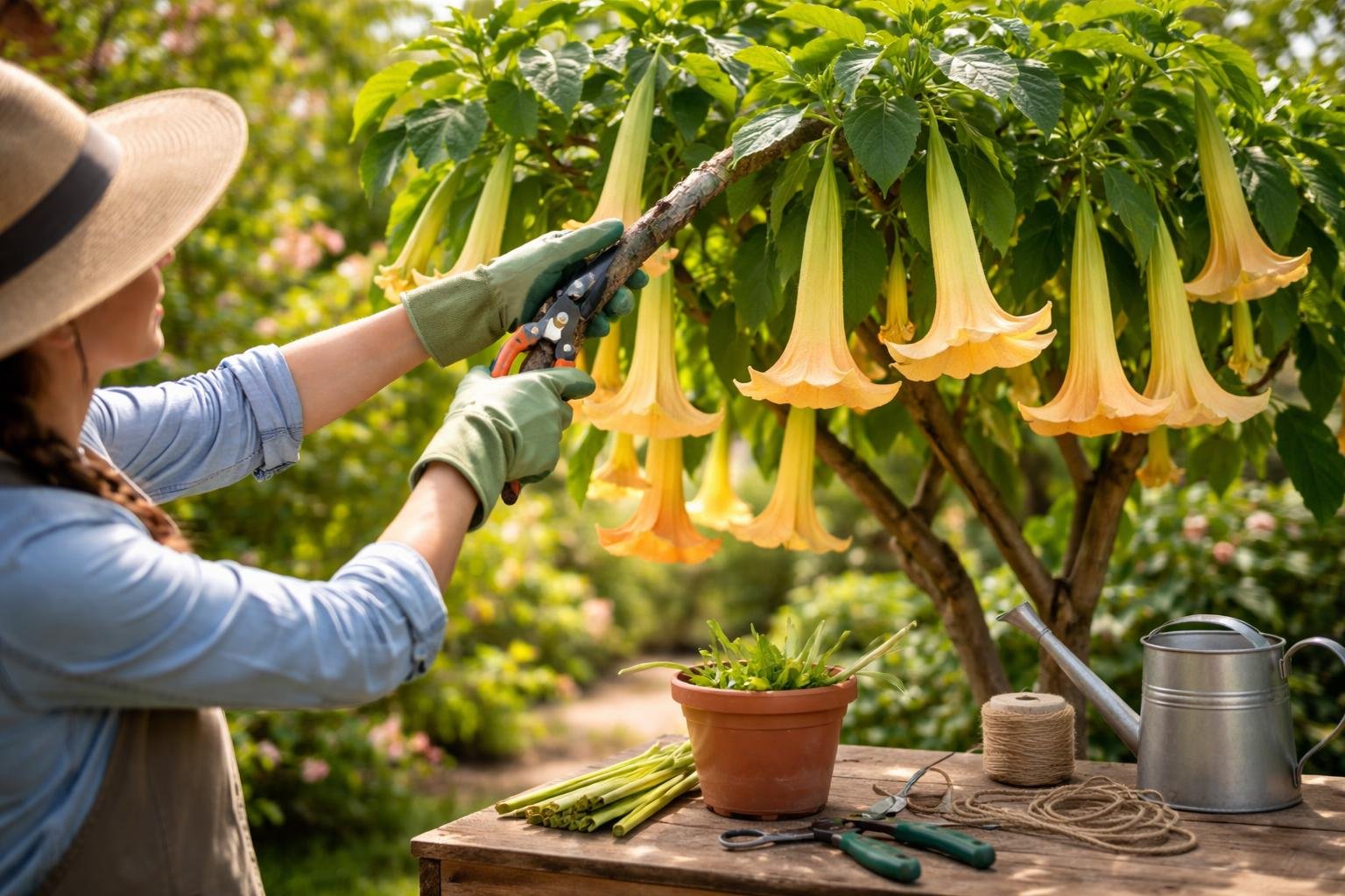 Angyaltrombita bokor tavaszi metszés közben, kezében metszőollóval a napfényes délelőttön nézve
