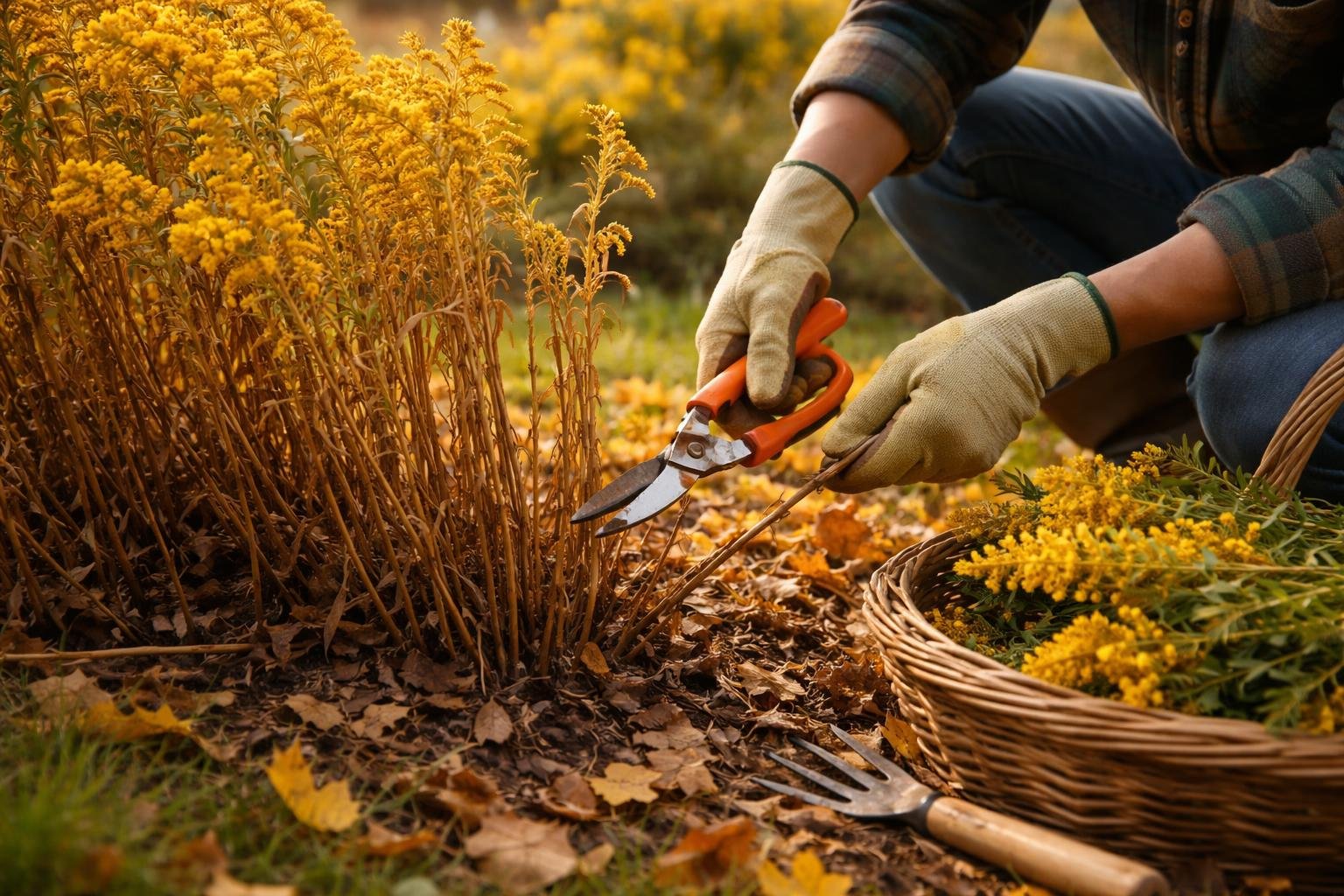 Őszi metszés közben aranyvessző bokor, élénkzöld levelek és sárga virágszirmok.