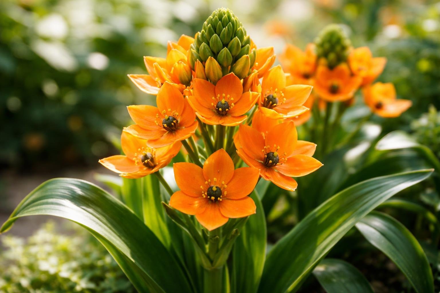 A narancsszínű madártej virágzata, élénk narancs színű virágokkal és zöld levelekkel.