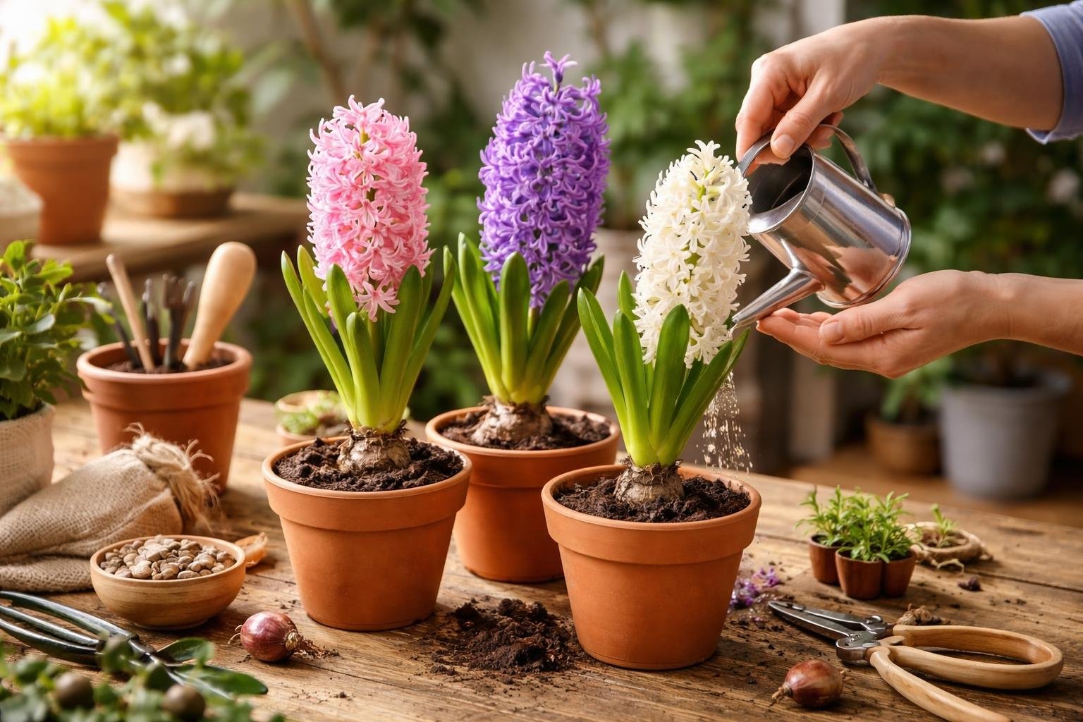 Egy kéz öntöz egy cserepes jácintot, mellette színes virágok és kertészeti eszközök találhatók.