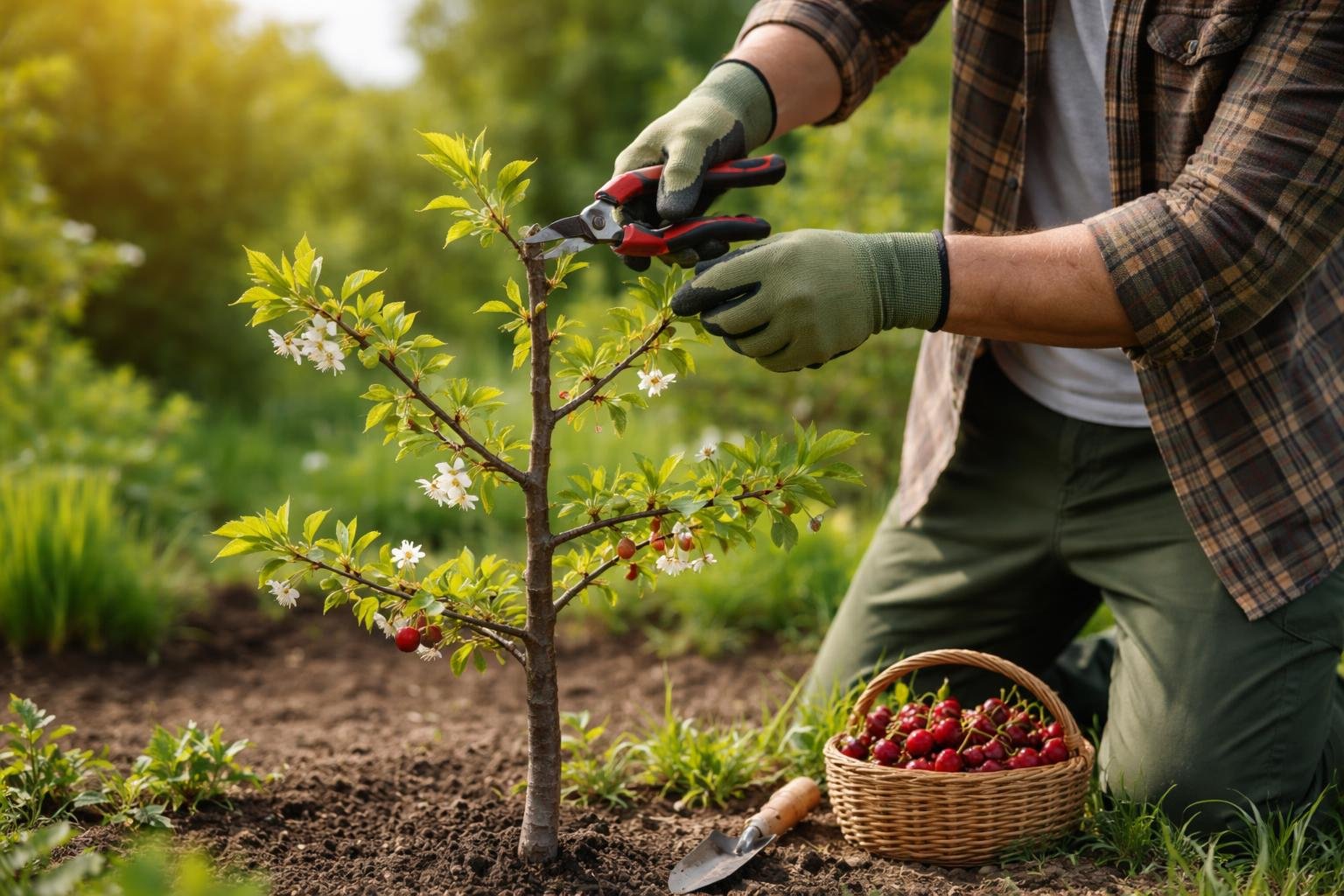 1 éves cseresznyefa metszése nyílt kertben ollóval és létrával irányítás közben