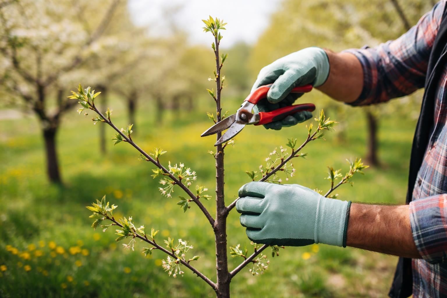 1 éves meggyfa metszése közben szemlélteti a helyes ágazatokat és eszközhasználatot