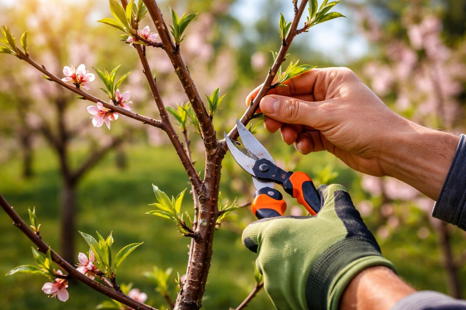 Egy kéz metszőollót használ egy 1 éves őszibarackfa ágainak metszéséhez, virágokkal és friss levelekkel a háttérben.