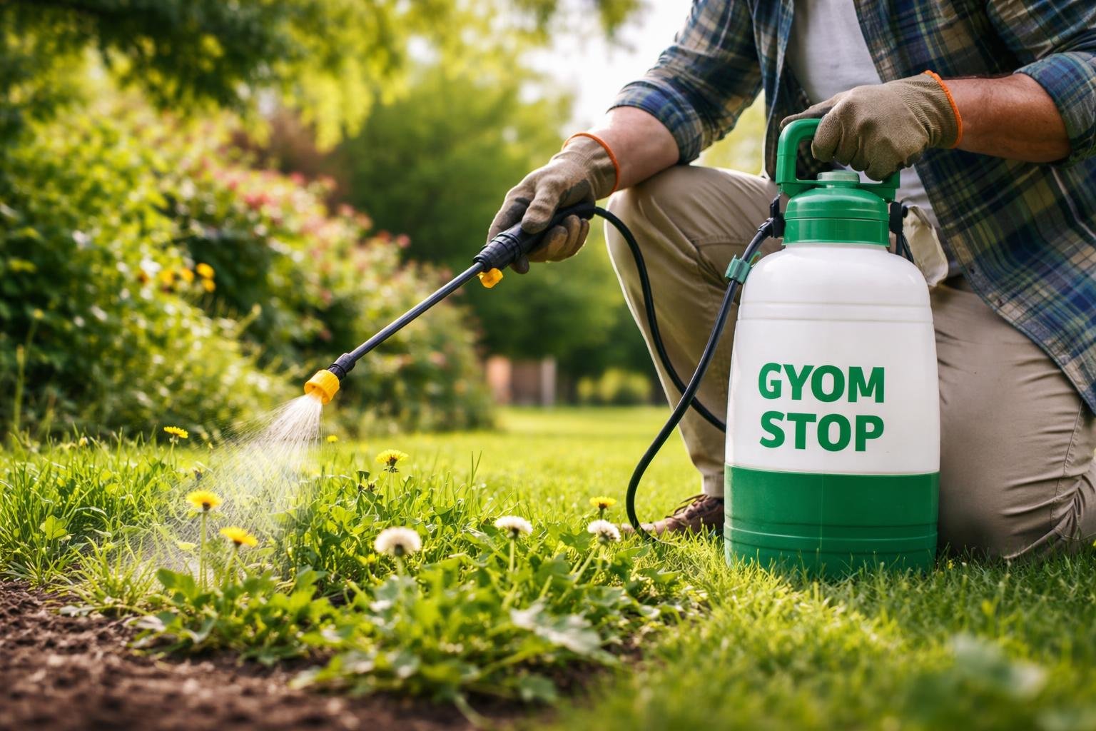Egy kertész a Gyom Stop permetezőt használja, hogy eltávolítsa a gyomokat a zöld pázsitról, miközben virágok körül dolgozik.