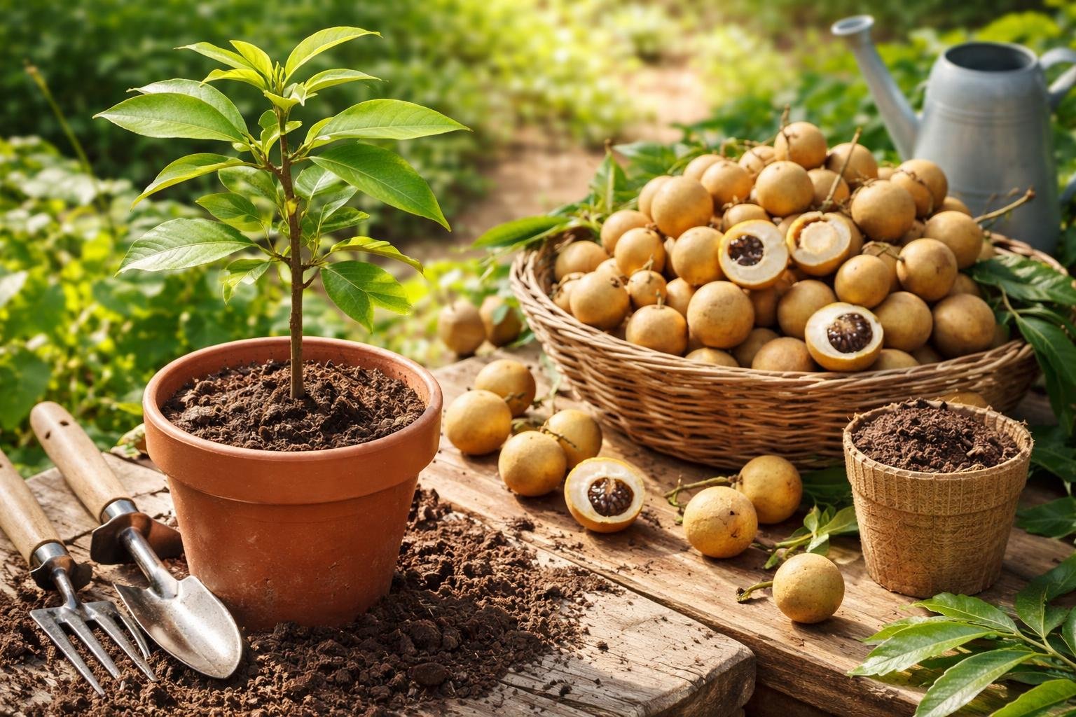 Egy friss longán csemete áll egy virágcserépben, mellette egy kosár érett gyümölccsel, a háttérben zöld növényekkel.